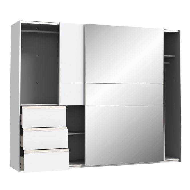 Winn II 250cm white wardrobe with the left bay open and three drawers pulled out