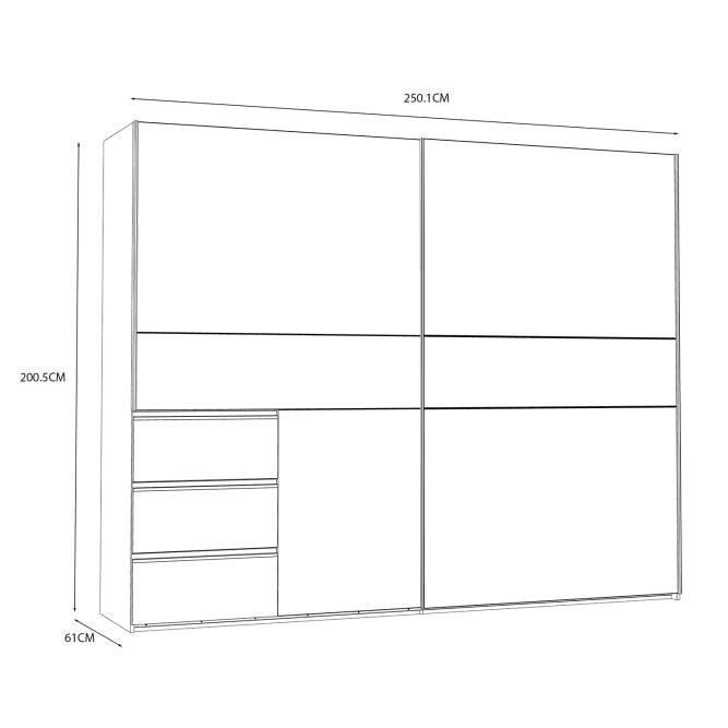 Winn II 250cm mirrored wardrobe dimension drawing, 250.1cm wide, 200.5cm high, 61cm deep