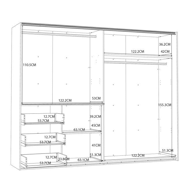 Winn II 250cm wardrobe interior drawing with two 122cm bays, 155cm and 110cm hanging heights