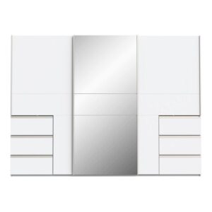 Winn II 270cm white wardrobe front with mirrored centre door and three drawers each side