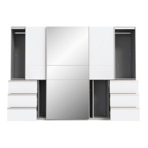 Winn II 270cm white mirrored wardrobe with outer doors slid to show both side bays