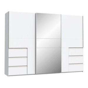 Winn II 270cm white 3 door mirrored sliding wardrobe shown from an angle