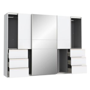 Winn II 270cm white wardrobe with side bays open and six drawers pulled out