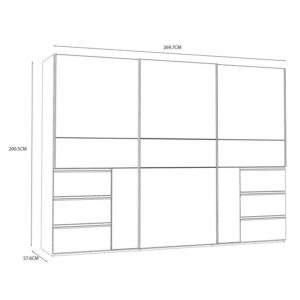 Winn II 270cm 3 door wardrobe dimension drawing, 269.7cm wide and 200.5cm high