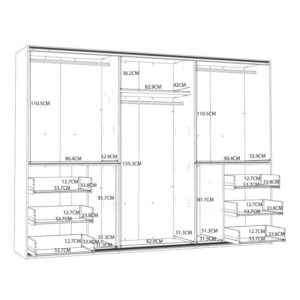 Winn II 270cm wardrobe interior drawing with 155cm centre hanging and 110cm side hanging