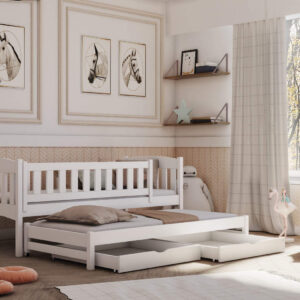 Wooden Double Bed Amelka with Trundle and Storage in White Matt finish