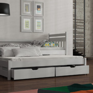 Wooden Double Bed Daniel with Trundle and Storage in White Matt finish